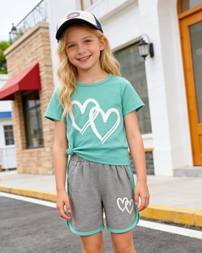 Image of Kids Girl Clothes Tie Dye Heart Print Short Sleeve Top and Shorts Toddler Girl Summer Outfits Short Set