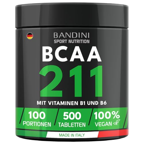 Bandini® BCAA 2.1.1 | 500 Tabletten | Verzweigtkettige Aminosäuren Leucin, Isoleucin, Valin + B1, B6 | Vor und nach dem Training - Für den Muskelaufbau | 5 Tabletten/Tag für einen Vorrat von 100 Tagen