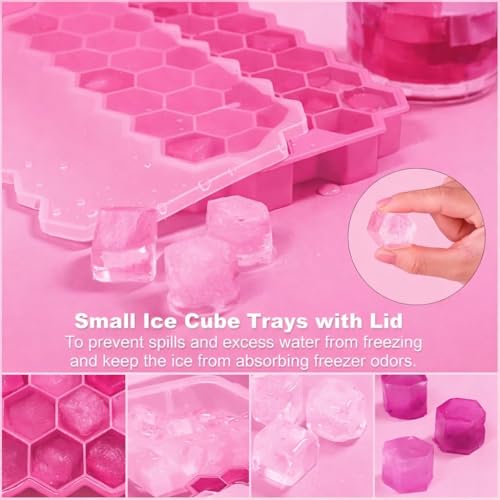 Image of BIDFUL [4 Pack] Silicone Ice Cube Trays for Freezer with Lid - 37 Grid Pink Ice Cube Mold, Easy-Release Flexible Ice Trays, Reusable Stackable Ice Tray for Iced Coffee, Juice & Drinks