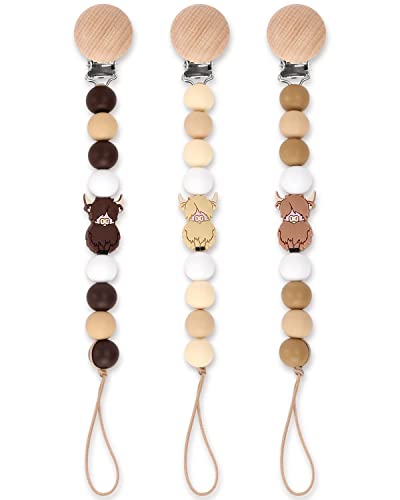 Image of Eunikroko Highland Cow Pacifier Clip Silicone Holder Animal Pacifier Clips Chain Teethers for Baby Stuff Toddler Newborn Infant Soothers Binky Teething Toys Gift for Baby Shower and Birthday Set of 3