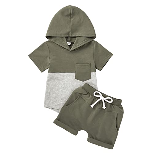 Image of Newborn Baby Boy Summer Outfits Short Sleeve Color Block T-Shirt Tops & Pocket Pant Set Elastic Solid Color Shorts Sets 2Pcs(Dark Grey Hoodie,6-9 Months)