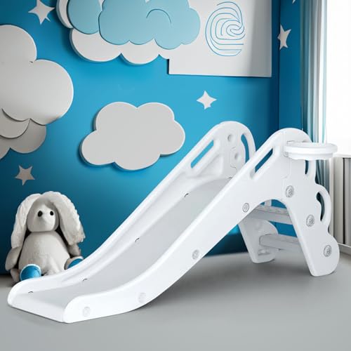 Image of Kids First Slide for Toddlers Age 1 to 3 Years with Basketball Hoop Indoor Outdoor Playground Freestanding Slide Climber Playset Toy White