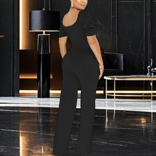 Image of PaladMom Womens Elegant Plus Size Jumpsuits Sexy Back zipper Short Sleeve Mid Waist Wide Leg Straight Rompers