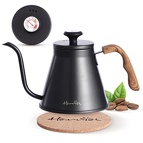 Harriet Gooseneck Kettle, Pour Over Kettle with Built-in Thermometer Coffee Kettle with Anti-Hot Wood Pattern Handle, Anti-Rust Stainless Steel with Flow Spout Design For Drip Coffee 37oz
