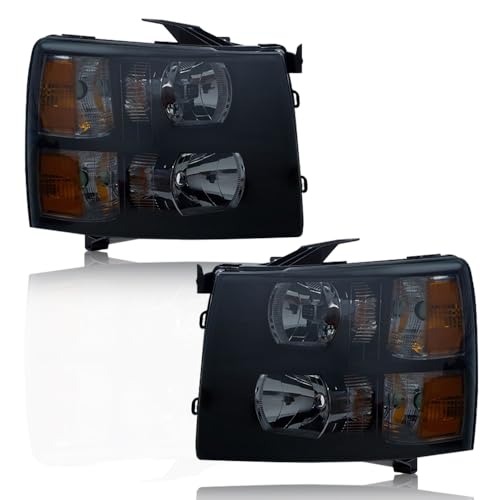G-PLUS Headlights Assembly, Fit Chevy Silverado 2007-2013/Fit Chevy Silverado 2500 HD 3500 2007-2014 Bumper Headlamps, Smoky Lens Black Housing Amber Reflector 22853027,GM2503280,faros delanteros