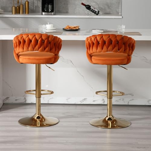 Butacos regulables de terciopelo LukeAlon, color naranja, con base dorada giratoria y reposapiés, para barra o cocina, juego de 2 piezas miniatura 7