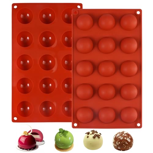 2 Piezas Molde Silicona Semiesfera, Ø 3,8cm 15 Cavidades Moldes de Chocolate de Media Esfera, Antiadherentes Media Esfera Molde para Hornear, para Chocolate, Gelatina, Pastel, Pudín y Mousse de Cúpula