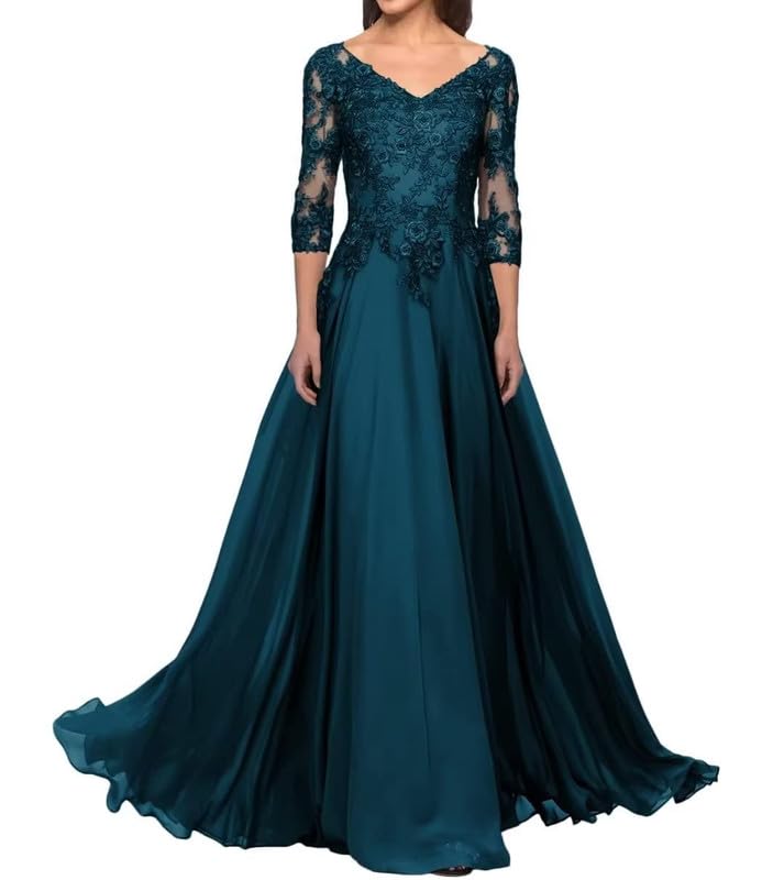 V Neck Mother of The Bride Dresses Chiffon Wedding Guest Dresses for Women Lace Appliques Formal Evening Gown3