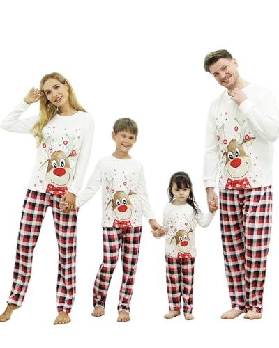 DDKJ Pijama Navidad Familia,Pijama Familiar Navidad con Estampado de Renos,Pijamas Navideños Familia Top Blanco y Pantalón de Cuadros Rojos,Blancos y Negros,Pijamas Navidad Mujer/Hombre/Niña/Niño