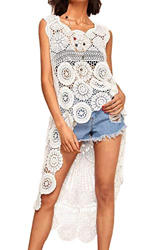 PUWEI Women's Hollow Out Hi-Low Tank Top Floral Crochet Swimsuit Bikini Cover Up