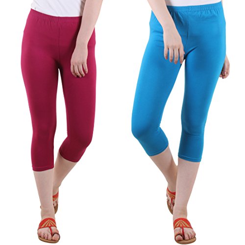 Image of DIAZ Women Cotton Stretchable Capri | Slim /Regular Fit | Breathable Yoga, Gym & Lounge Wear | High-Waist Stretchable 3 /4 Length Leggings with Wide Waistband - Pack of 2
