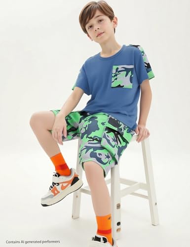 Image of mksodopy Boys Summer Outfit Set 2 Piece T Shirt and Camo Shorts Casual Clothes for Little Big Boys 5-16