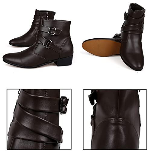 Men's Leather Pointed Toe Chelsea Boots,Buckle Straps Side Zipper Chunky Low Heel Western Formal Dress Boots Ankle Boots2