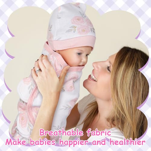 Image of Ramede 6 Pack Swaddle Blanket with Hats for Baby Girl Boy 100% Cotton Swaddles 0-3 Months, Adjustable Breathable Skin Friendly Receiving Blanket Wrap, Essential for Newborns(Flower,Pink and Green)