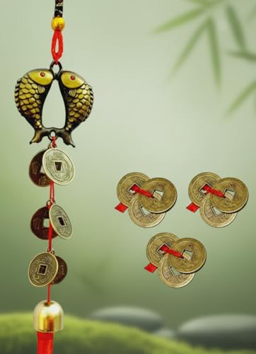 Image of Feng Shui Coins Items for Good Luck, Coin Hanging Tassel for Temple Decoration Car Mirror Hanging (Antique Golden Red)