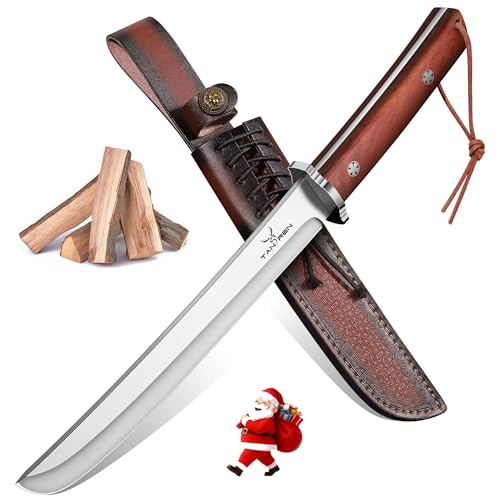 TAN REN Tanto Knife Fixed Blade, 8 Inch Survival Knives with Wooden Handle, Japanese Fixed Blade Knife with Sheath for Camping, Outdoor, Christmas Gift Knives for Men