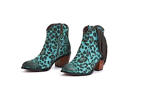 M Women's Tassels Cattle Leather Leopard Prints Western Cowgirl Short Boot