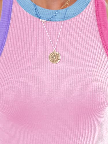 Image of siliteelon Womens Colorblock Racerback Crew Neck Casual Basic Ribbed Fitted Tank Top Sleeveless Camis