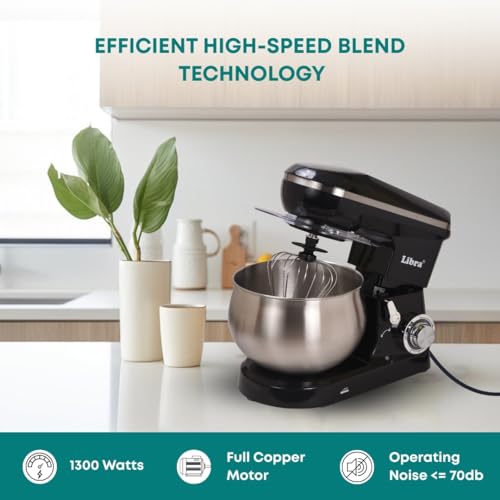 Libra Digital Stand Mixer with Inbuilt Presets | Multifunctional 1300 Watts Dough Kneader | 5.5 Lit SS Bowl | 4 Safety Features | Metal Gears & Planetary Rotation, Black