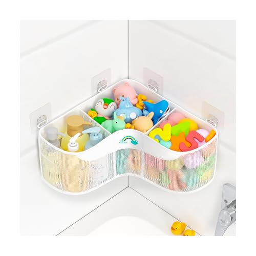 Image of Austion 3-Compartment Corner Bath Toy Storage Organizer for Tub - Wide-Opening Mesh Kids Bath Toy Holder with Easy Sorting & Storage, Quick-Drying Machine-Washable Bathroom Organizer for Tidy Bathtub