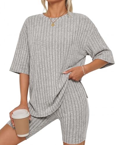 Image of KIRUNDO Short Sets For Women Summer 2 Piece Matching Lounge Sets Casual Rib Knit Tshirts Biker Shorts Beach Vacation Outfits