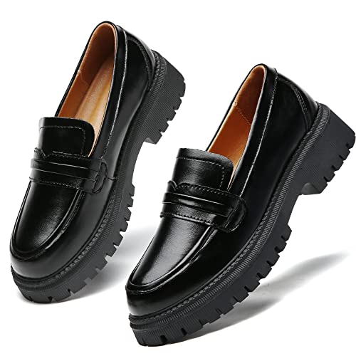 Image of Loafers for Women Black Leather Womens Loafers & Slip-Ons Chunky Penny Platform Classic Loafer Shoes Ladies Work Comfortable Business Casual Dressy Shoes