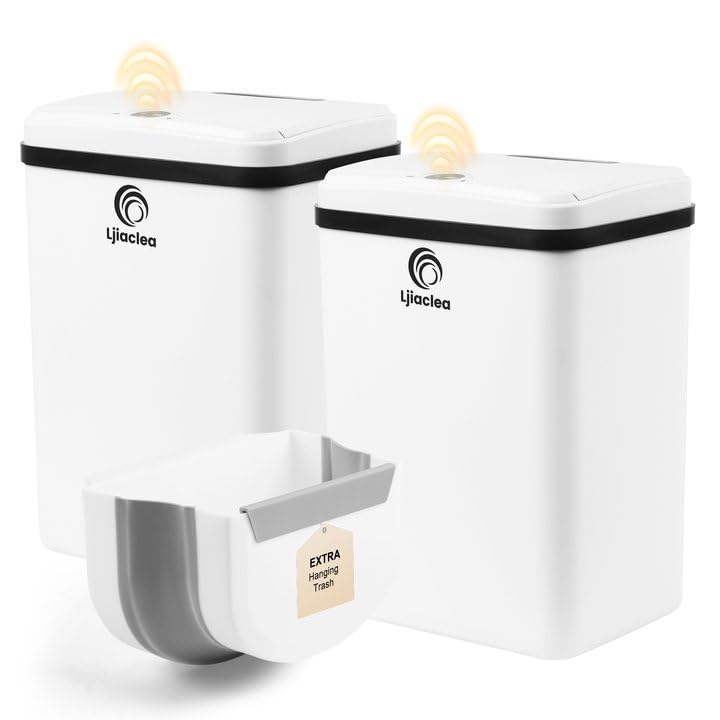 Image of Automatic Touchless Bathroom Trash Can with Lid 4 Gallon Motion Sensor Electric Waterproof Platic Slim Garbage Can for Kitchen,Bedroom, Office, Living Room,Laundry,Battery,White,2Pack