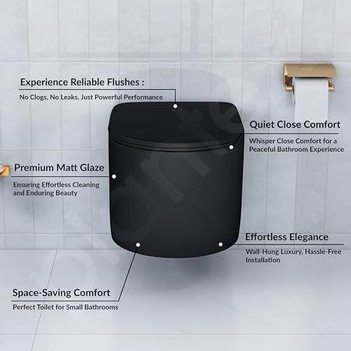Image of Plantex Commode for Toilet /Ceramic Wall Hung Toilet with Soft Close Toilet Seat /Rimless and Washdown Western Commode - P Trap (Round, Matt Black)
