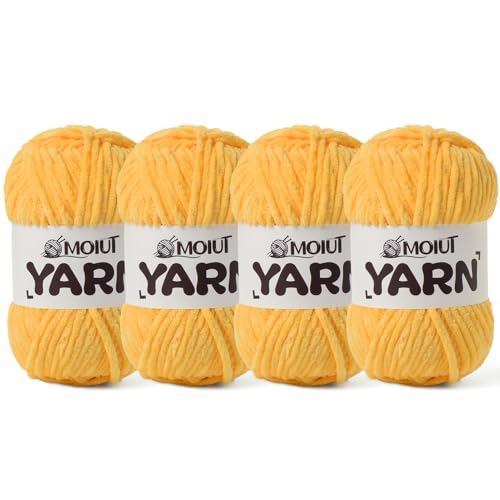 Image of 4 Packs Fluffy Chenille Yarn for Crocheting, Chunky Velvet Yarns for Crochet Amigurumi, Baby Yarn for Crocheting Soft Blanket, 349.9yds /14.1oz Bulky Yarns for Crafts /Hats /Shoes /Socks (4Golden Yellow)