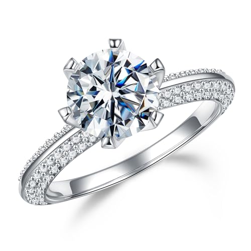 MOOSEA 2ct Moissanite Rings for Women, D Color VVS1 Clarity Lab Created Moissanite Rings 18K White Gold Vermeil 6 Prong Round Solitaire Knife Edge Moissanite Engagement Rings for Women Size 4-11