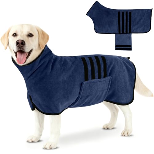 AOOTE Dog Bathrobe Dog Drying Coat Microfiber Dogs Drying Coat Dryings Coats Ultra Absorbent with Velcro Closure & Adjustable Straps Dryings Robe for Dogs Post Bath Swimming Navy Blue L