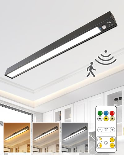 Rechargeable Motion Sensor Ceiling Light Full Metal Battery Powered LED Closet Light 3 Color 500LM Dimmable with Remote & Timer Magnetic Cordless Mount for Shower Hallway Garage Pantry -Black