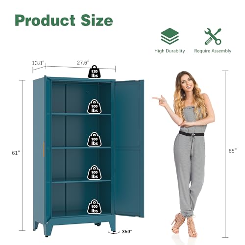 Image of Bevivog 61 inch Farmhouse Metal Storage Cabinet with 2 Doors and 3 Adjustable Shelves, Tall Bathroom Cabinet Freestanding, Blue Metal Pantry Cabinets for Kitchen, Living Room, Home Office