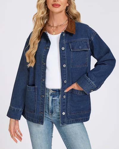 Kedera Womens Oversized Denim Jacket 2025 Trendy Button Up Long Sleeve Jean Jacket with Faux Suede Collar Fall Barn Coat3