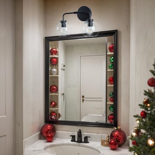 Image of Modern Matte Black Double Glass Globe Wall Sconce, 17 X 7 Inch Vanity Light Over Mirror, Bathroom Light Fixture with Matte Black Metal Canopy