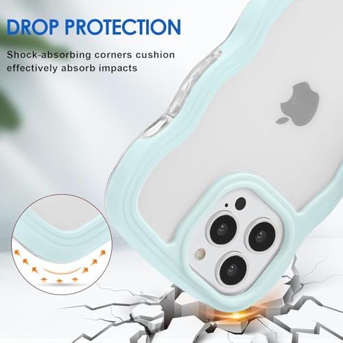 Image of GoldKart iPhone 14 Pro Max Case Wavy Edge Clear Back Design, Anti-Slip Grip Cute Wave Curly Frame Shape Shockproof Soft TPU & Hard PC Bumper Protective Phone Case Cover for Women Girls - Light Blue