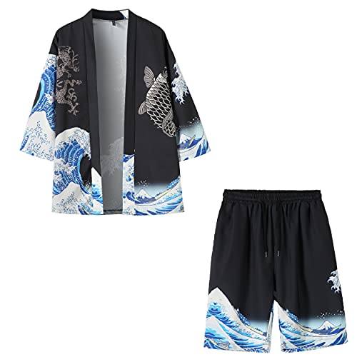 Image of PRIJOUHE Mens Kimono Set Japanese Haori & Shorts 2 Piece Summer Outfits | Silky Polyester 3 /4 Sleeve Yukata Cardigan Suit Loose Happi Coat Elastic Waist Beach Casual Daily Vacation Lounge Sleepwear