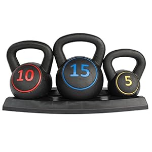 FUNJEPE 3pce Kettlebell Weight Set with Stand for Cross Lifting Training, MMA Training, Home Exercise，Home Gym Strength Training – 5, 10 & 15lbs (2.2kg, 4.5kg & 6.8 kg)