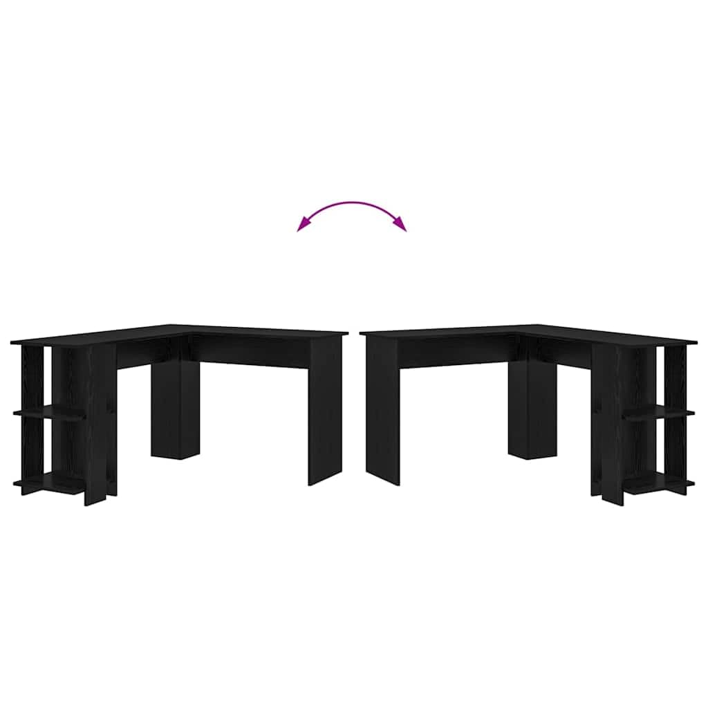 Scrivania angolare nera effetto rovere, in legno, 140 x 113,5 x 75 cm, con scaffale, moderna scrivania da ufficio per casa e studenti, tavolo da lavoro compatto per lavorare in modo efficiente