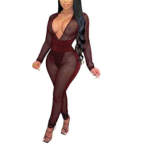 IyMoo Women's Sexy Long Sleeve V Neck Bodycon Mesh Jumpsuits Long Romper Pants Clubwear Wine Red L
