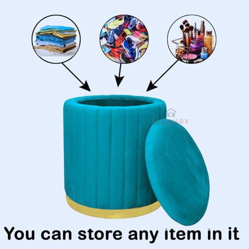 Image of Round Velvet Luxurious Storage Ottoman, Pouf with Storage Vanity Stool Chair,Upholstered Foot Rest Stool with Gold Strip Base for Living Room or Bedroom (Aqua., Large-40Dx40Wx46H)