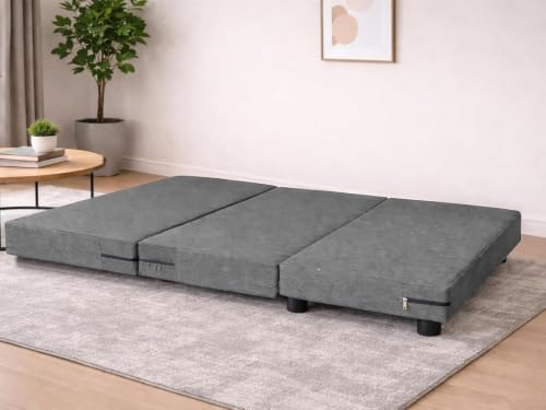 Image of Leg Sofa Cum Bed Single Seater | Foldable Floor Sofa Bed with Jute Fabric | Space Saving Convertible with Sturdy Legs for Living Room & Guest Room - Grey