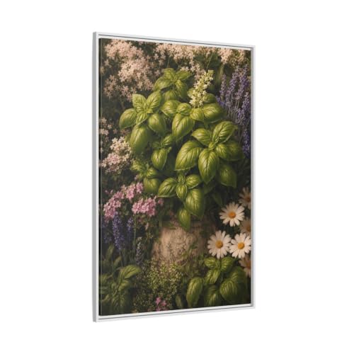 Toile basilic vert cuisine moderne cadre blanc 80x120 cm
