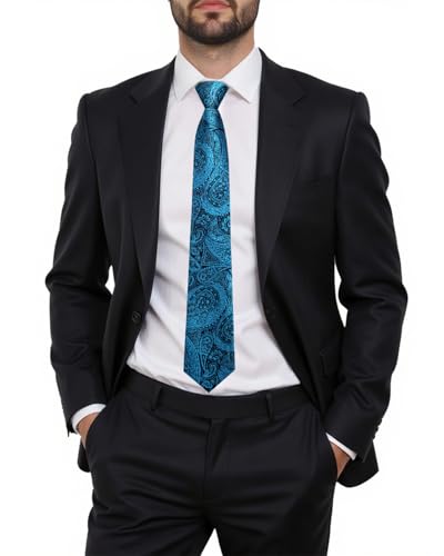 Image of Hi-Tie Teal Zipper Ties for Men Paisley Adjustable Pre-Tied Necktie Lapel Pin Pocket Square Cufflinks Set