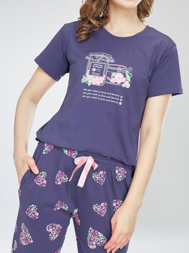 Image of ZEYO Night Suit for Women's Heart Printed Cotton Night Dress of Top and Capri Set 5747