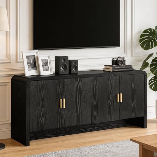 Image of Finnhomy 68'' Sideboard Buffet Cabinet with Storage, Curved Design Credenza Storage Cabinet with 4 Doors, Console Cabinet for Kitchen, Living Room & Hallway, Black