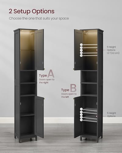Image of VASAGLE Tall Storage Cabinet with Lights, Slim Freestanding Cabinet with Adjustable Shelves, for Small Spaces, Bathroom, Living Room, Modern, 11.8 Inches Wide, Ink Black UBBK566BC01S