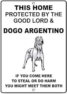 Vintage Metal Tin Sign Dogo Argentino Dog Home Protected by Good Lord Plaque for Yard Garage Driveway House Fence Wall Poster Plaque for Home Kitchen Bar Pub Club Coffee Shop Decor 5.5x8 Inch