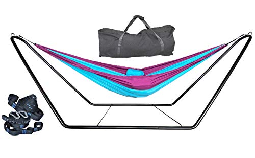 cutequeen Space Saving Steel Stand with 210T Nylon Hammock and tree straps ,Purple/Sky Blue