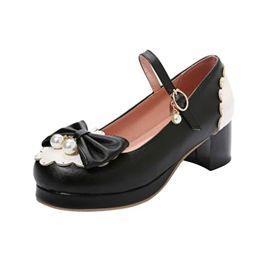 Happyyami Damer Sweet Mary Jane rockabilly-pumps medelstora klackskor 5 cm med båge rund tå häl kvadrat block sött spänne elegant bekväm (35,5 EU), svart, 36.5 EU